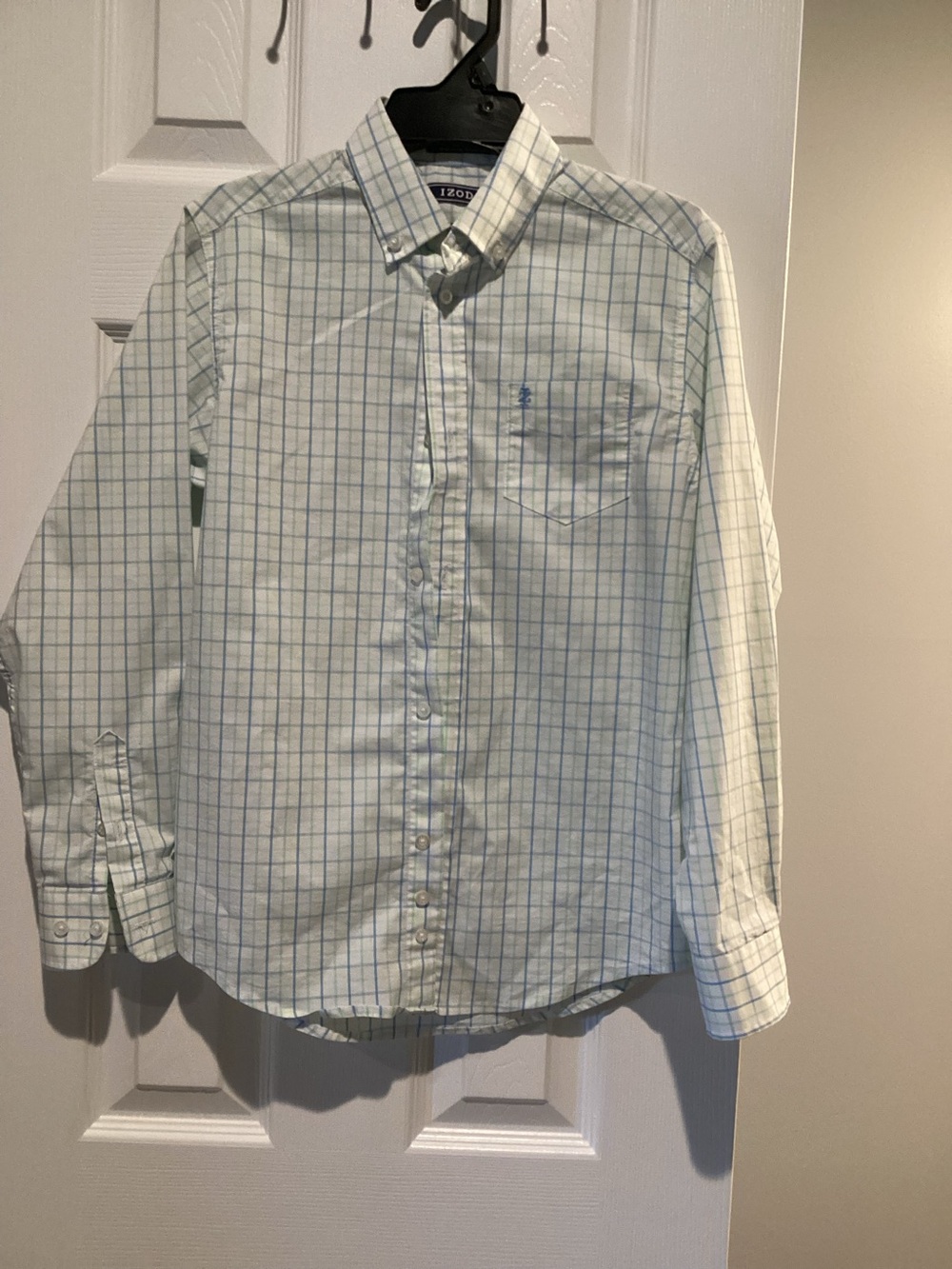 Izod Men’s White Button-Down Shirt with Light Blue Windowpane